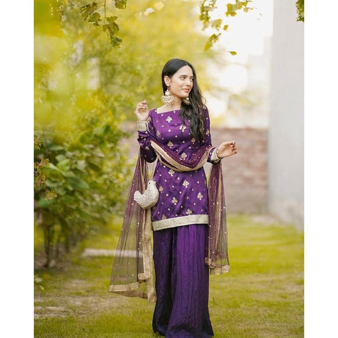 Pure Silk With Embroidery Purple Gharara